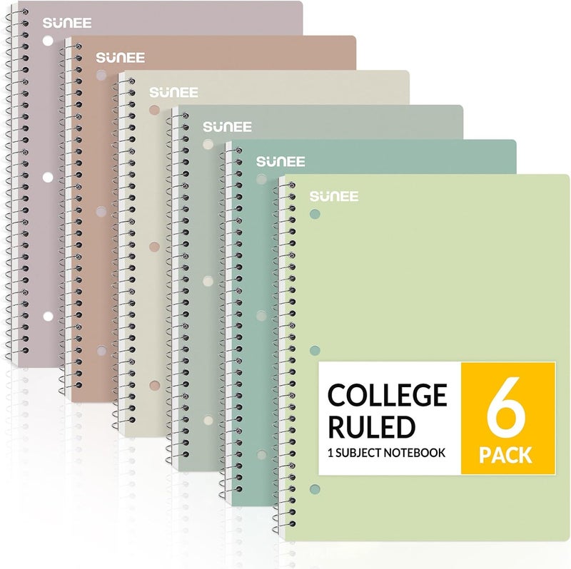 SUNEE Spiral Notebooks, 6 Pack, 1-Subject, College Ruled Paper, 8" x 10-1/2", 70 Sheets per Notebook, Assorted Aesthetic Colors Spiral Notebooks for School - Image 1